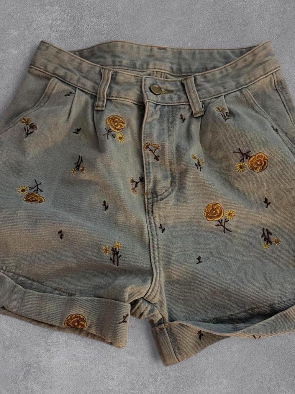 ROMWE Olive Wash Denim Shorts with Yellow Floral Embroidery